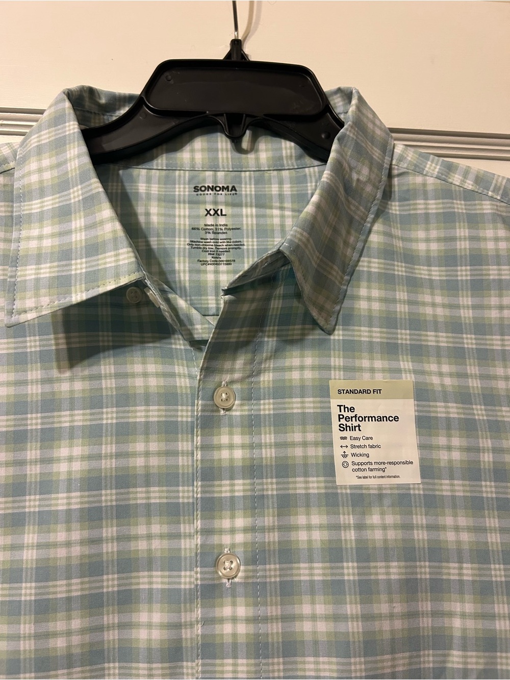 Sonoma Men's Light Blue and Mint Green Plaid Performance Button-Down Shirt